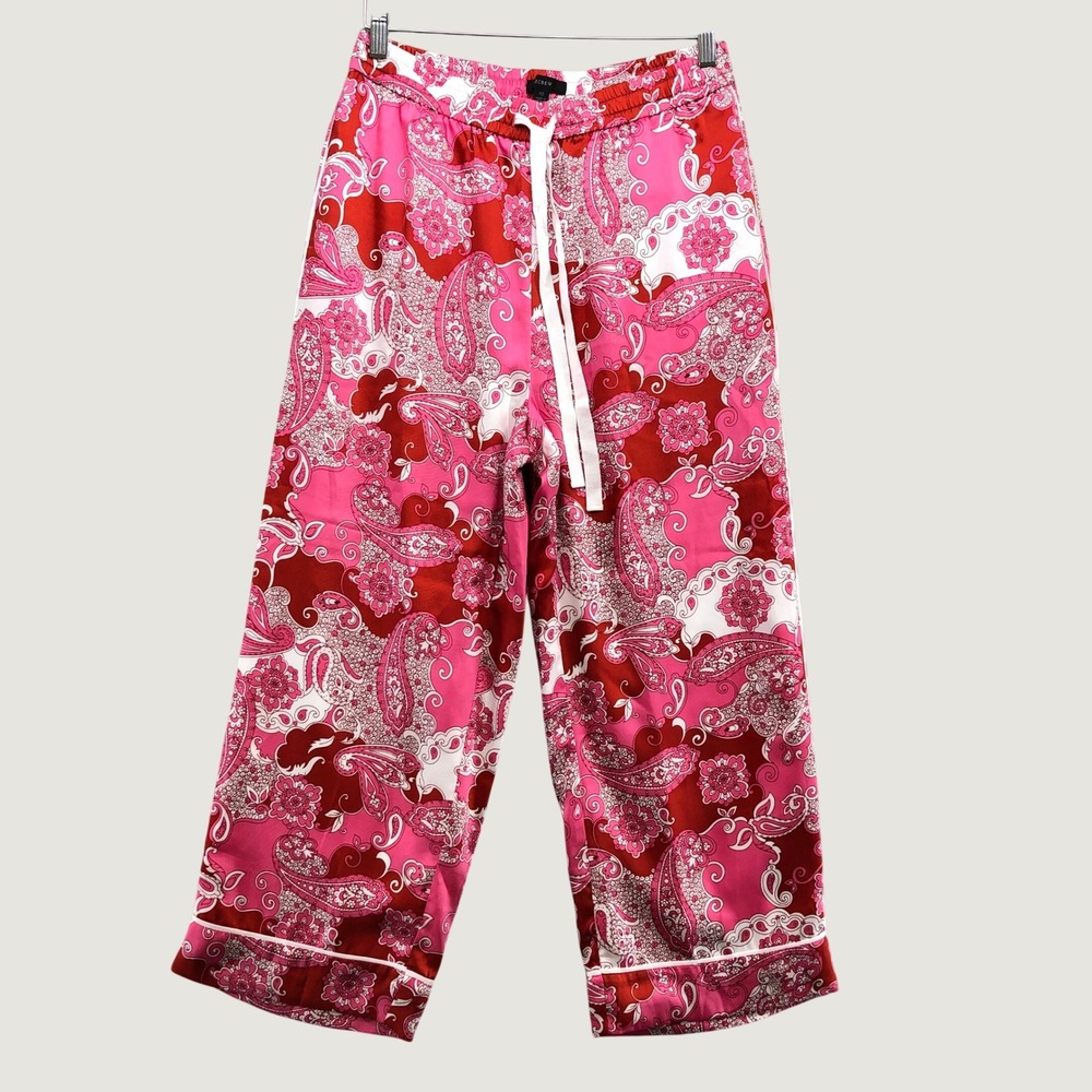 J.Crew Relaxed Pants Womens 10 Pink Red Paisley Wide Leg Satin Drawstring AS733